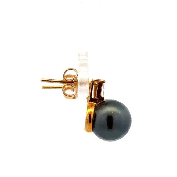 Vtg Jacks Handicrafts (Jacks of Fiji) 18K Ylw Gold Black Pearl Diamond Earrings